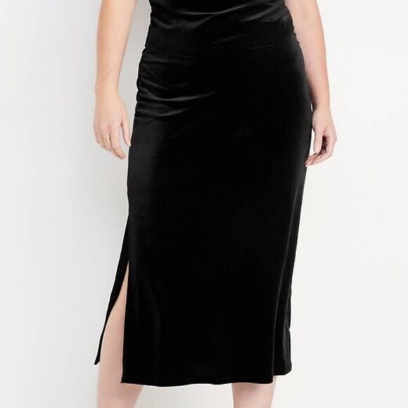 Old Navy large black velvet‎ maxi skirt ruched sides split hem goth romantic - Picture 11 of 11